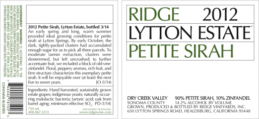 Ridge Vineyards Lytton Estate Petite Sirah 2012
